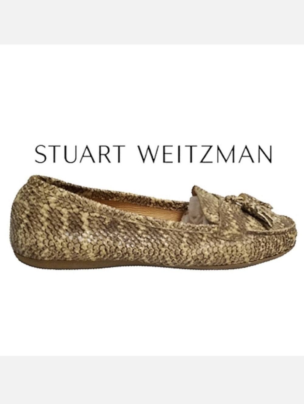 Stuart Weitzman Leather Driving Loafer Sz 9½ Brown/Tan Snakeskin Embossed Flats